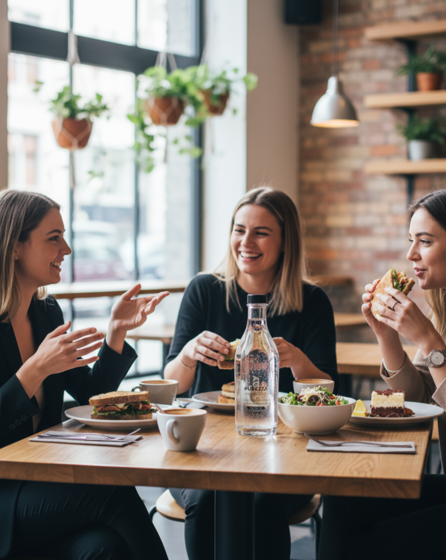 Agua con gas Purezza en un restaurante